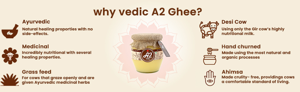 Why A2 vedic ghee is a great choice?
A2 Ghee (Pure A2 Gir Cow Ghee) is produced from A2 milk obtained from desi gir cows raised in pasture. 